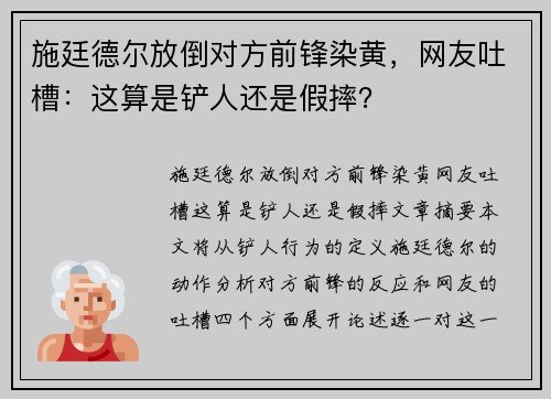 施廷德尔放倒对方前锋染黄，网友吐槽：这算是铲人还是假摔？